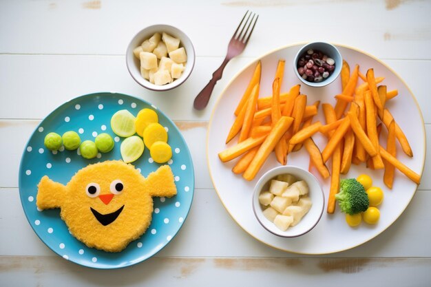 Foto vis en friet in porties voor kinderen met glimlachende aardappelen.