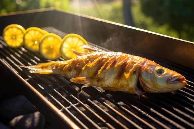 Vis op de buitengrillzon die glinstert in het citrusglazuur