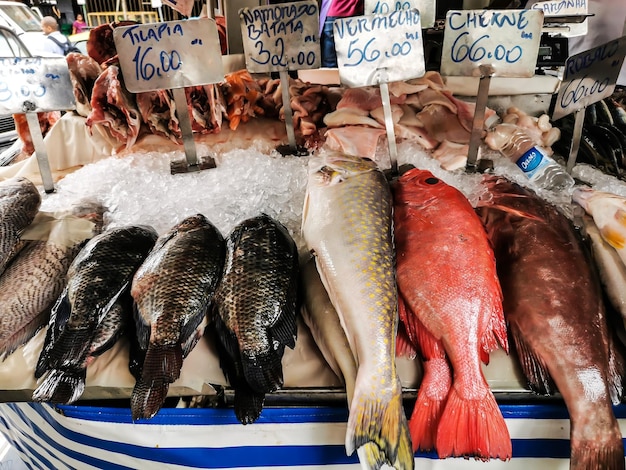 Foto vis te koop op de marktstand