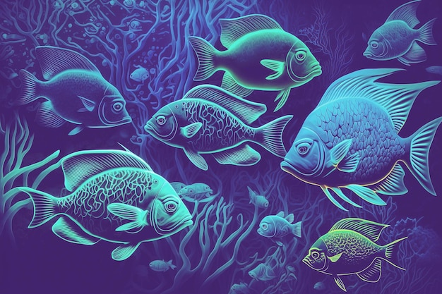 Visachtergrond in blauwe neonkleuren Ondiepte van vissen Generatieve AI