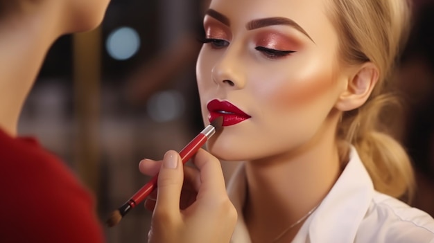 Visagiste maakt make-up en legt lippenstift aan