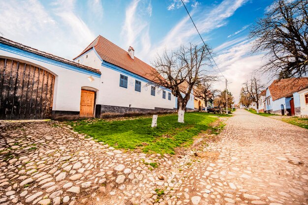 Viscri Romania Blue old painted traditional house from Viscri village Transylvania German Saxon community Unesco