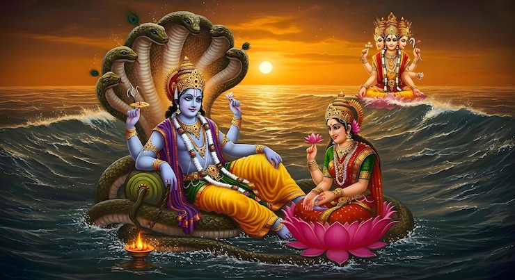 Photo vishnu and lakshmi on sheshnag