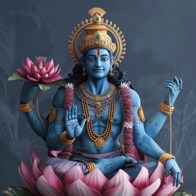 Photo vishnu sits atop a lotus symbolizing purity and divine grace