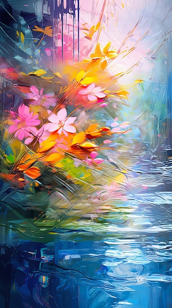 visible flower arrangement pond blurred dreamy illustration flowing deep large diagonal brush