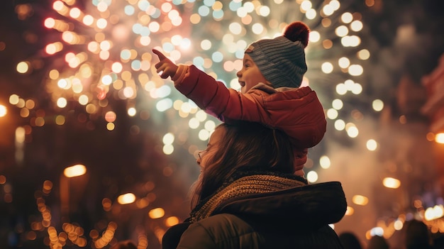 Visible joy and wonder on a childs face pointing at fireworks from atop their parents shoulders