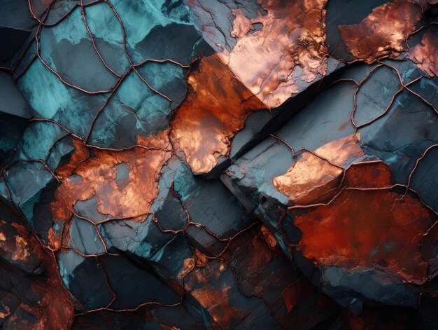 Visible veins of copper at the rocky walls of an old mine shaft