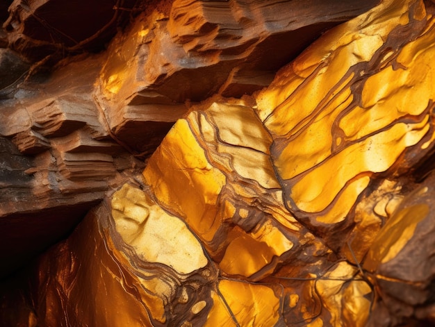 Visible veins of gold at the rocky walls of an old mine shaft