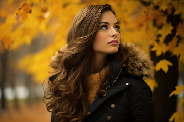 A vision amidst autumn captivating woman in winter coat gazing into the distance ar 32