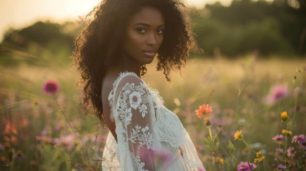 A vision of ethereal beauty this black woman stuns in a flowing white dress adorned with intricate