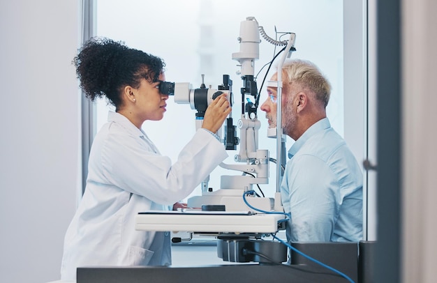 Vision eye test and insurance with a doctor woman or optometrist testing the eyes of a man patient in a clinic hospital medical or consulting with a female eyesight specialist and senior male