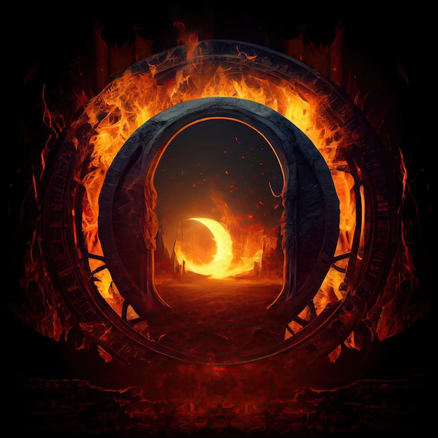Vision of gates to hell with burning fire in form of circle