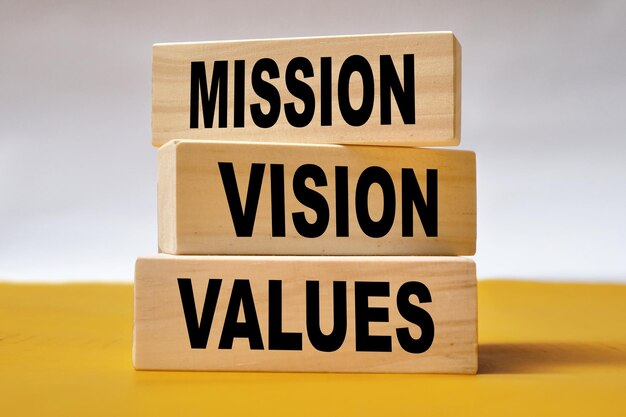 Vision Mission Values quote text written on wooden block business motivation inspiration concept