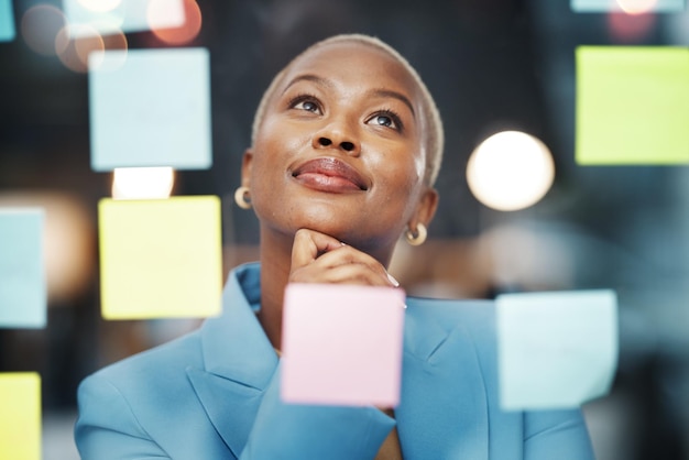 Vision thinking and black woman with schedule planning and agenda sticky notes and bokeh background Idea face and female leader with goal visual and problem solving calendar and management