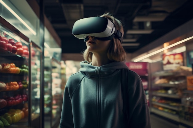 視覚シミュレーター コンセプト機器 女性エンターテインメント イノベーション リアリティ 未来VRデバイス 若いゲーミング モダンテク フューチャリスト メガネ ヘッドセット 仮想テクノロジー