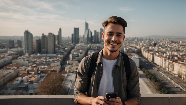 Vision XL Young man smiling photographing city