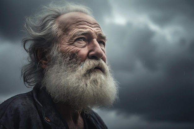 Visionary Old Man with a Beard in a Stormy Sky