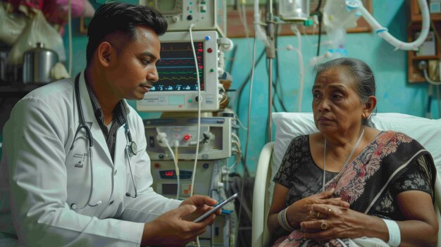 During a visit to a hospital a doctor holding a tablet talks with a male Dialysis patient