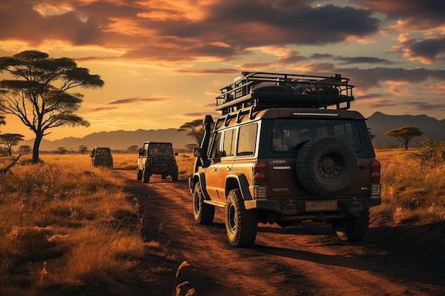 Foto visitatori che si godono un'avventura di safari nel parco nazionale del serengeti in tanzania generato con l'ia