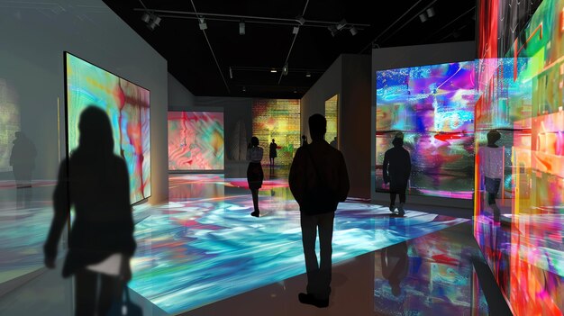 사진 방문객 들 은 다채 롭고 몰입력 있는 디지털 미술 시설 을 가진 현대 미술관 을 탐험 한다