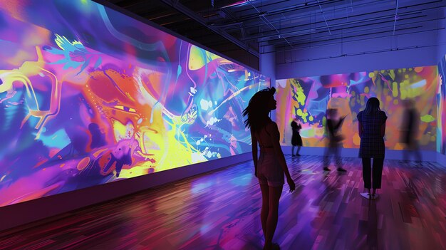 Photo visitors explore a modern art gallery surrounded by colorful and abstract digital paintings