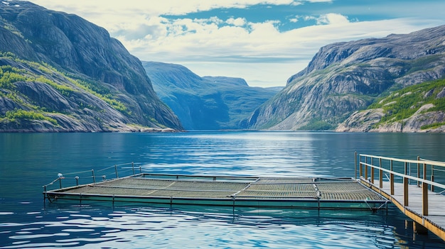 Foto viskwekerijen in een fjord onder een heldere blauwe lucht