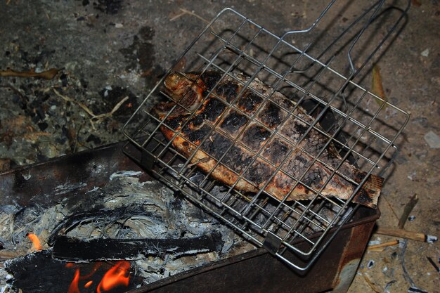 Visschubben verbrand op een hete kolenkachel.