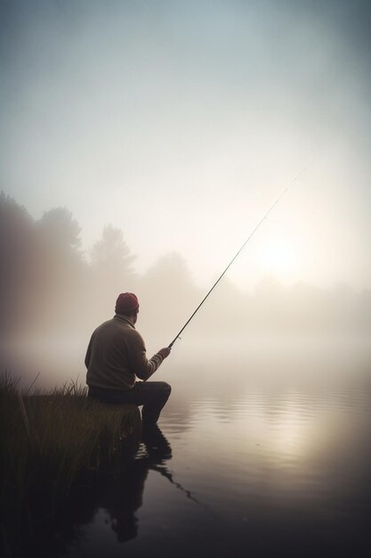 Vissen bij Dawn Angler in het mistige meer met hengel