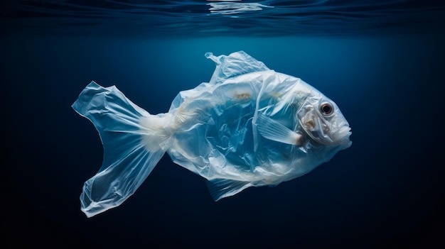 Vissen gemaakt van plastic zakken zwemmen in de oceaan Concept van oceanen Plastic vervuiling in de zee