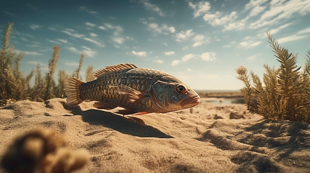 Vissen op het zand bij woestijn Generatieve Ai