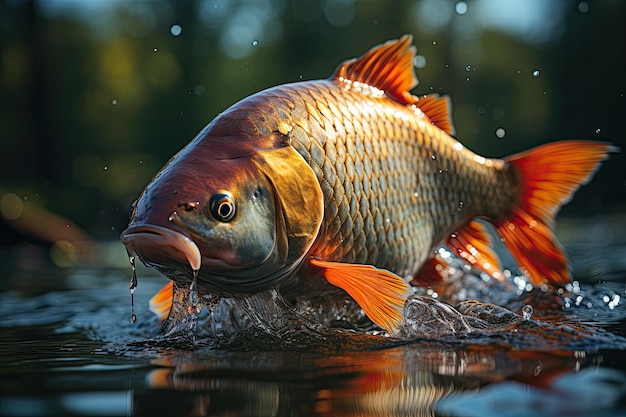 Foto vissen springen naar het oppervlak van de rivier in het midden van de rivier crucian karper op het wateroppervlak let op de details en kleuren generatieve ai