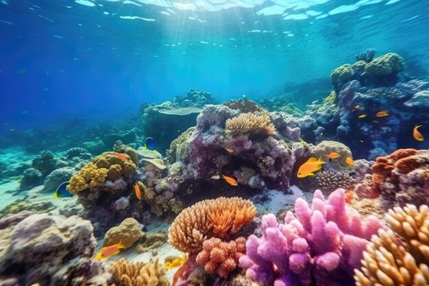 Vissen zwemmen in koraalrif onder de diepblauwe zee en een prachtig uitzicht op de onderzeese zee