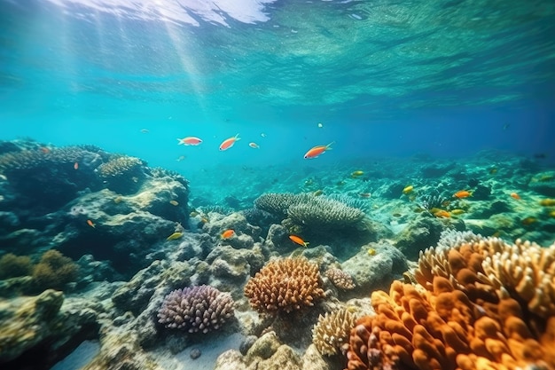 Vissen zwemmen in koraalrif onder de diepblauwe zee en een prachtig uitzicht op de onderzeese zee