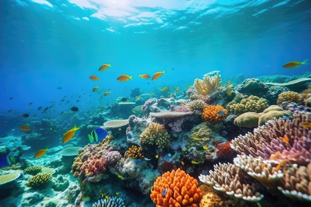 Vissen zwemmen in koraalrif onder de diepblauwe zee en een prachtig uitzicht op de onderzeese zee