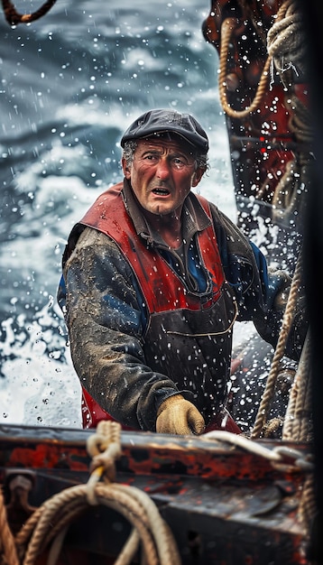 Visser die de storm op zee trotseert Dramatisch en dynamisch weerportret met een veerkracht