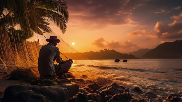 Visser die zijn net vastmaakt op een prachtig tropisch strand