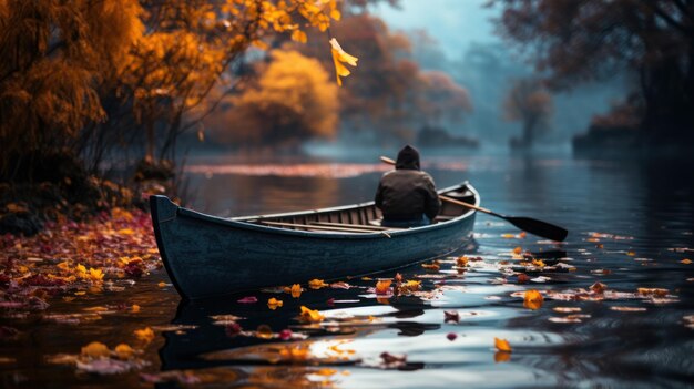 Visser in een boot op het meer met herfstbladeren