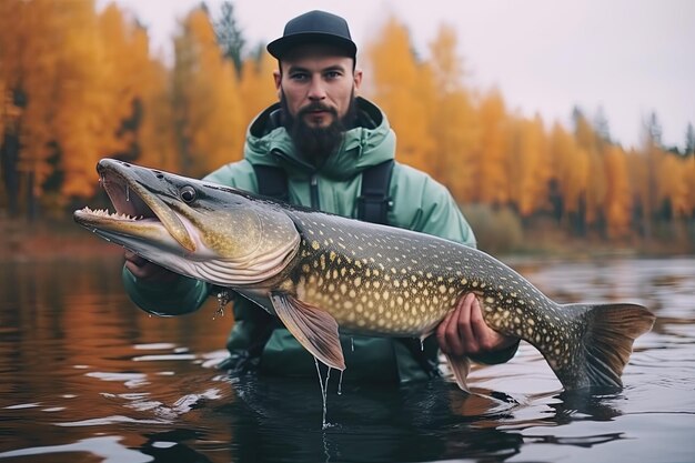 Foto visser met trofee pike staat in het water