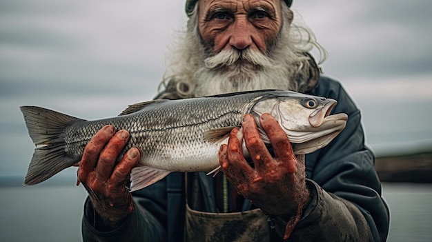 Foto visser terwijl hij een vis vasthoudt en loslaat voor een korte foto, het moment waarop de harmonie tussen visser en het waterleven wordt vastgelegd gegenereerd door ai