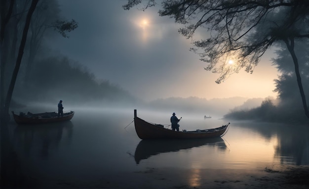 Foto visserijboten bereiden zich voor op visserij in de rivier vol vissen