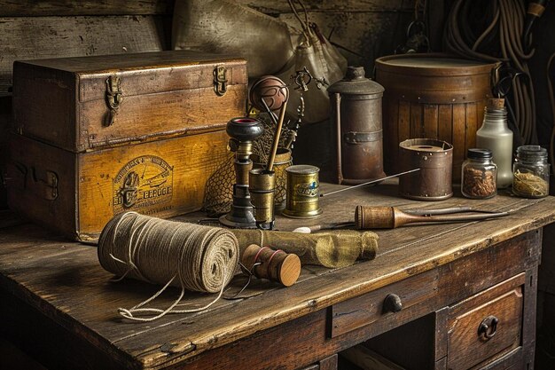 Foto visserijgereedschap en accessoires op de tafel tegen de achtergrond van een meer