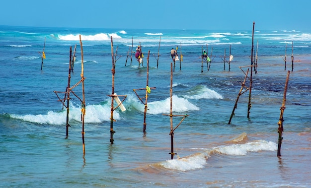 Vissers aan de oceaankust van Sri Lanka