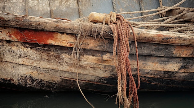 vissersboot van hardhout met achterste touwen