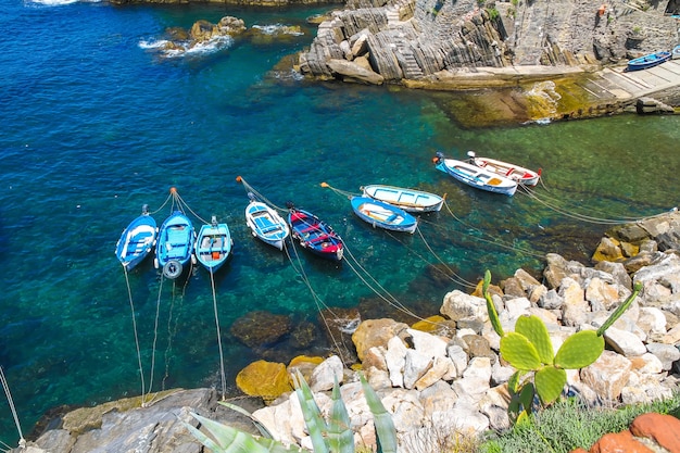 Vissersboten drijvend op de middellandse zee in de haven van cinque terre, italië.