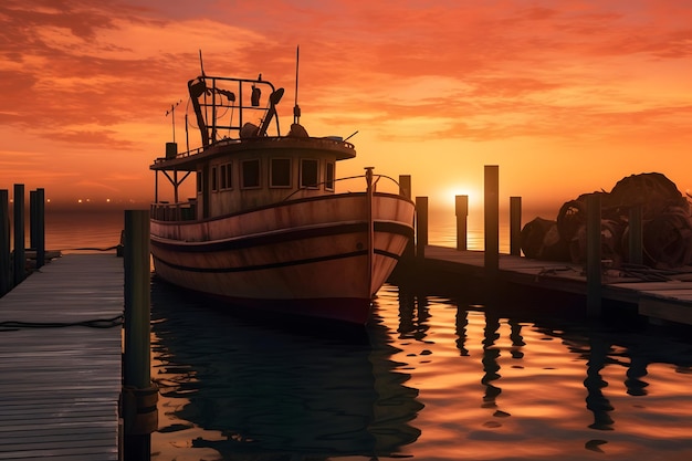 Vissersboten op de pier bij zonsondergang