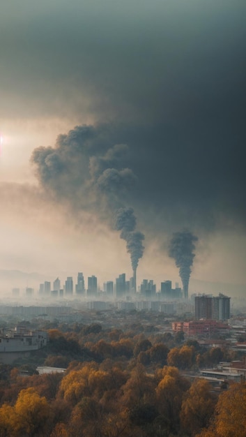 Vista Panoramica Paisaje Urbano Rascacielos 스모그 오염 Atmosferica