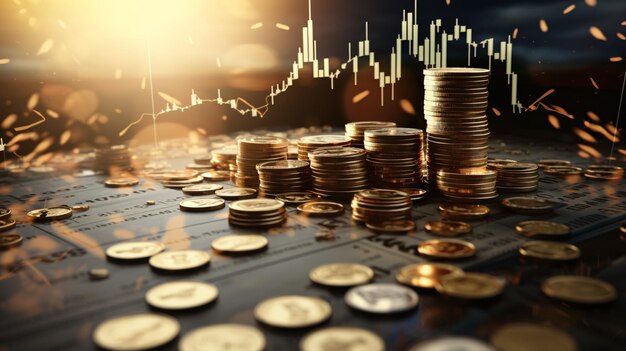 Photo a visual blend of coins us dollar banknotes and a descending financial graph chart using double exposure this succinctly captures the economic crisis