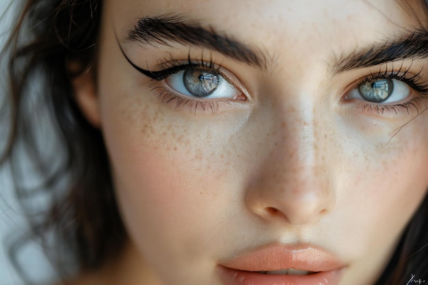 Visual Closeup of womans eyes with winged eyeliner dark brown hair Portrait photo
