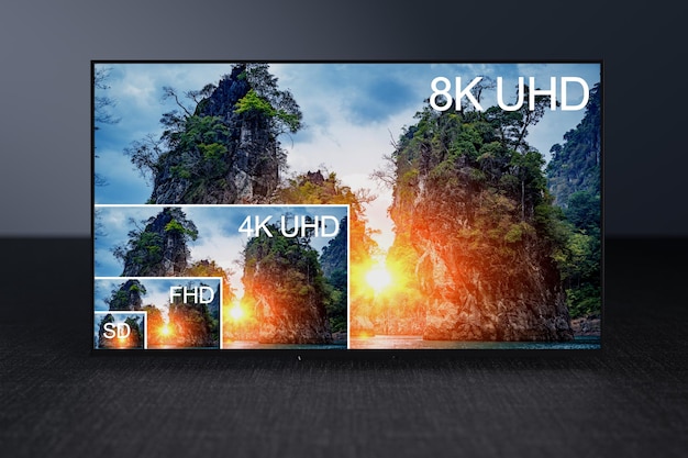 Визуальное сравнение между различными размерами разрешения телевизора Сравнение пропорционального размера разрешения телевизора 8K Ultra HD 4K Full HD и разрешение видео стандартной четкости визуальное сравнение
