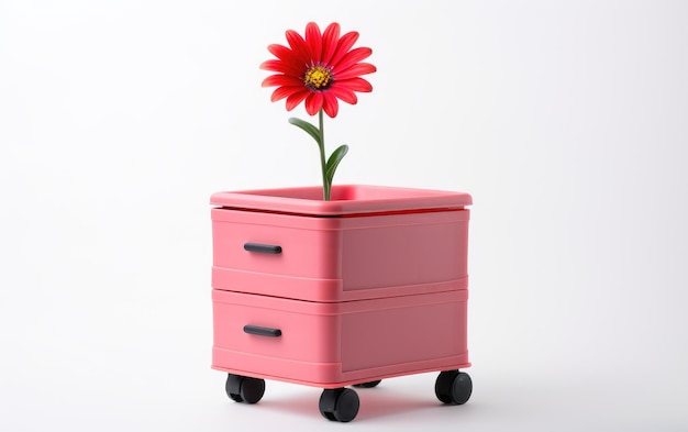 A Visual Delight of a Plastic Storage Drawer Cart with a Single Floating Flower Isolated on White Background